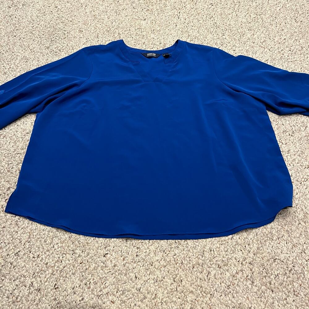 Lands End Popover Blue Blouse Sz 24W Roll Tab Sleeve Blue Business Casual Career